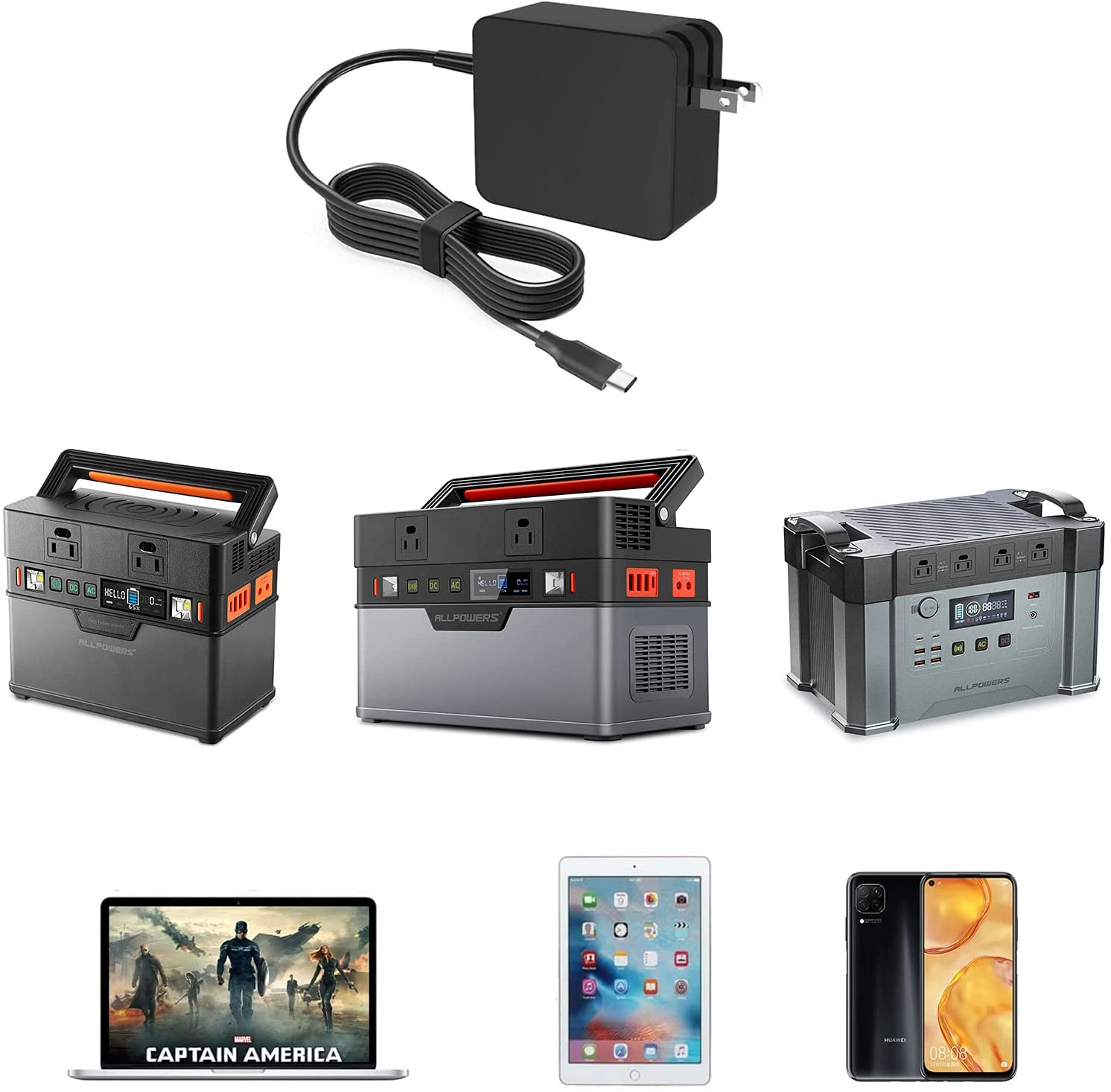 ALLPOWERS 65W USB-C PD-wandlader Type-C-stroomadapter Lader Compatibel met laptops en S300/S700/S2000 Power Station
