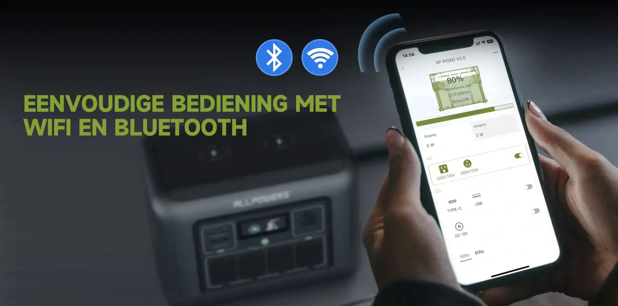 R1500 draagbare powerstation – slimme bediening via Bluetooth en WiFi